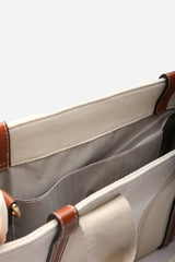 Margaret Canvas Stripe Tote Bag in Light Brown with Cross Body Strap