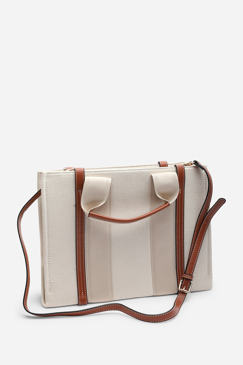 Margaret Canvas Stripe Tote Bag in Light Brown with Cross Body Strap
