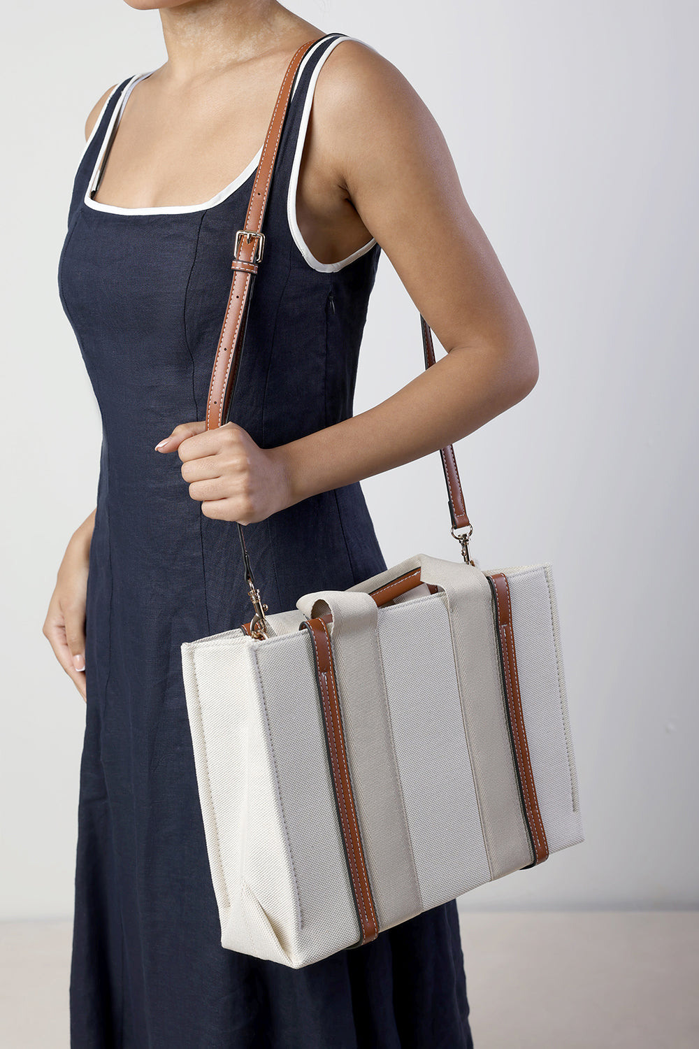 Margaret Canvas Stripe Tote Bag in Light Brown with Cross Body Strap