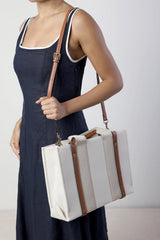 Margaret Canvas Stripe Tote Bag in Light Brown with Cross Body Strap