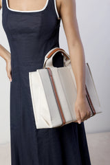 Margaret Canvas Stripe Tote Bag in Light Brown with Cross Body Strap