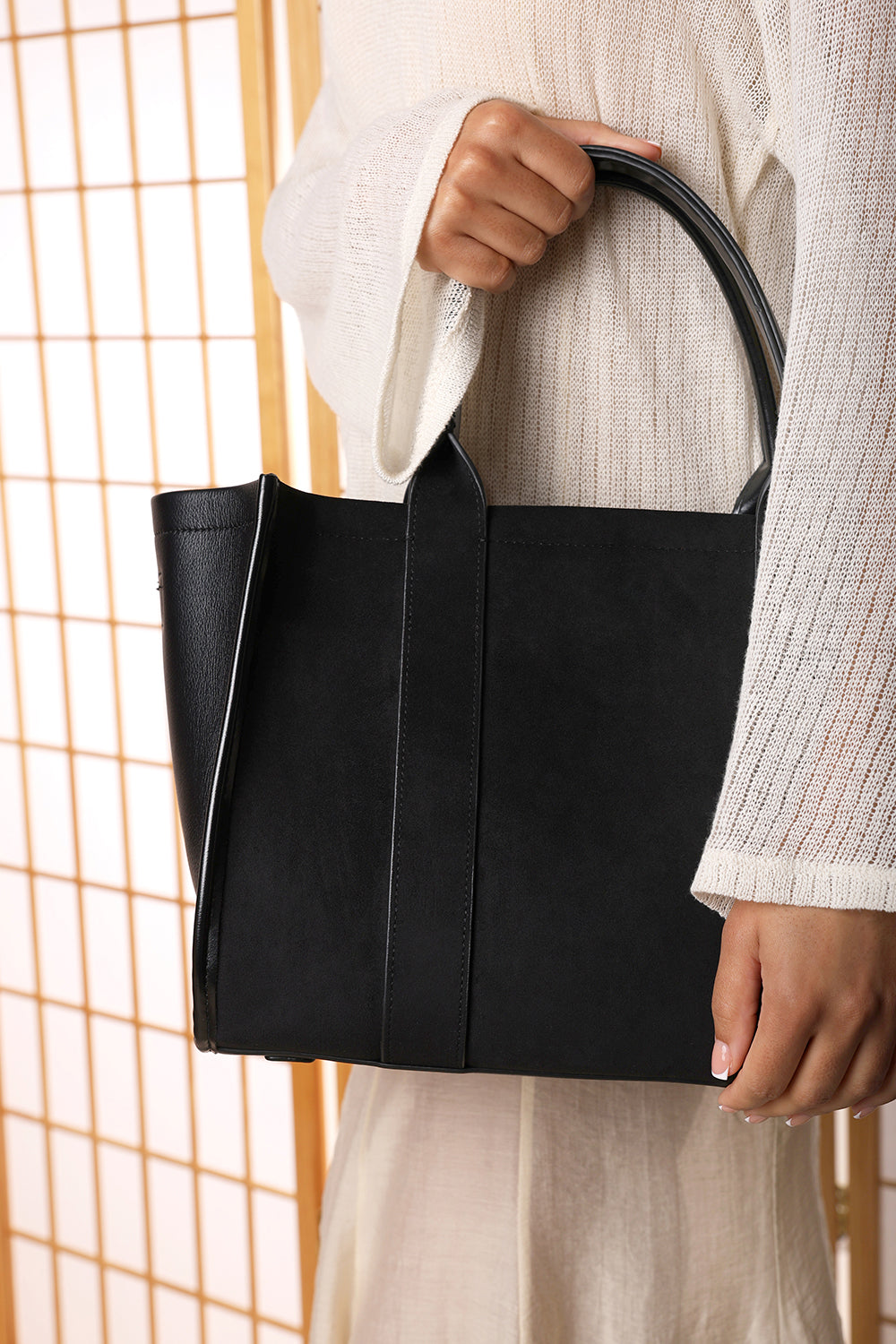Quarry Black Suede Tote bag With Top Grab Handles