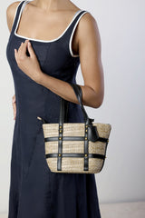 Alaia Small Raffia Bag with Studd Detail and Cross Body Strap in Black