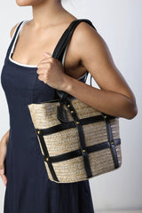Catalina Large Raffia Bag with Stud Detail in Black
