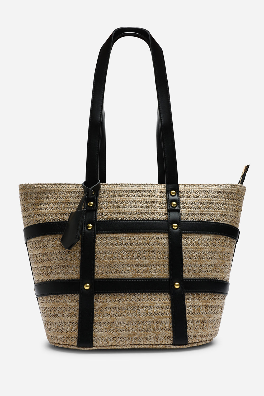 Catalina Large Raffia Bag with Stud Detail in Black