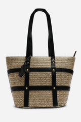 Catalina Large Raffia Bag with Stud Detail in Black