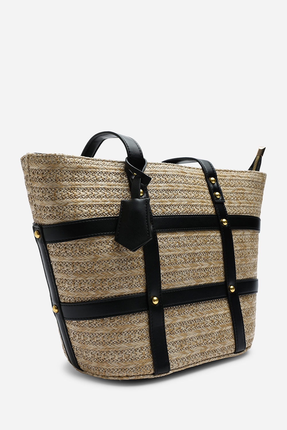 Catalina Large Raffia Bag with Stud Detail in Black
