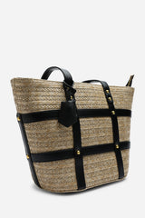 Catalina Large Raffia Bag with Stud Detail in Black