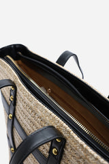 Catalina Large Raffia Bag with Stud Detail in Black