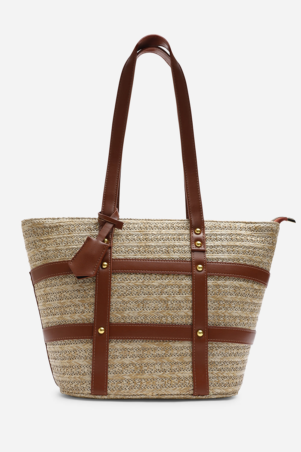 Catalina Large Raffia Bag with Stud Detail in Tan