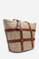 Catalina Large Raffia Bag with Stud Detail in Tan