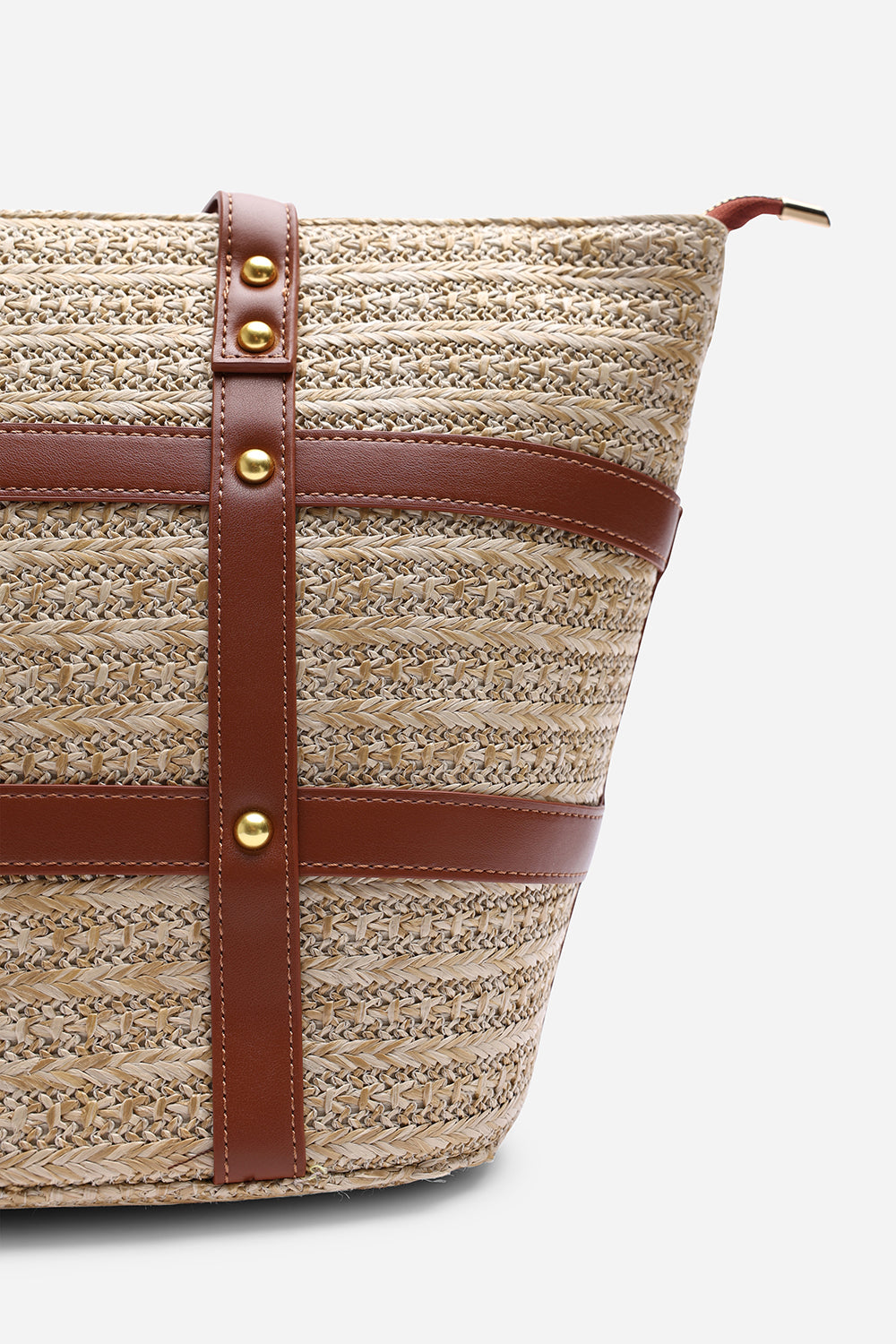 Catalina Large Raffia Bag with Stud Detail in Tan