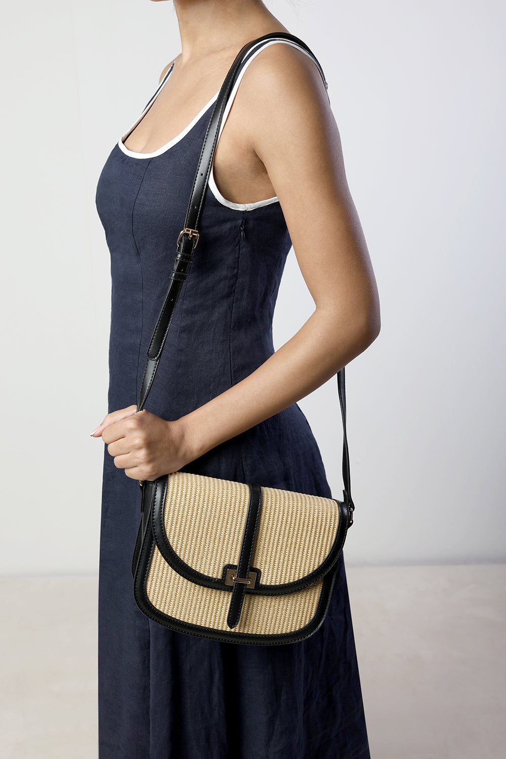 Amira Raffia Cross Body with Flap Bag in Black