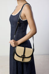 Amira Raffia Cross Body with Flap Bag in Black