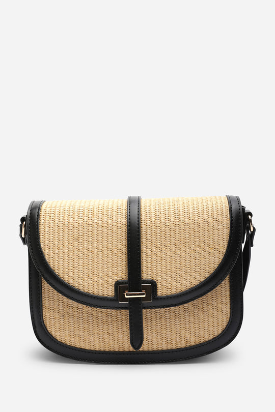 Amira Raffia Cross Body with Flap Bag in Black