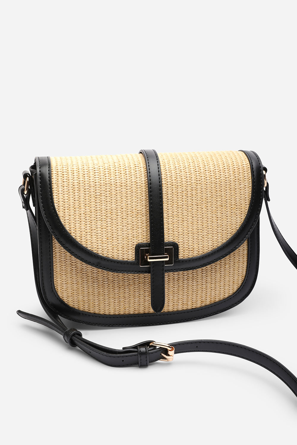 Amira Raffia Cross Body with Flap Bag in Black