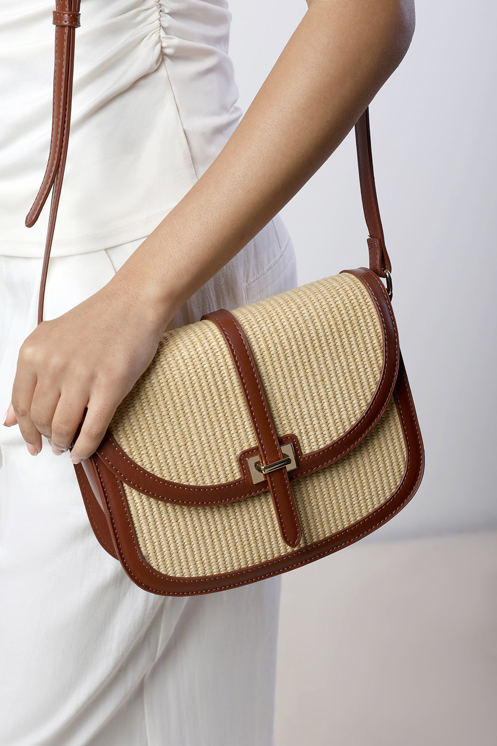 Amira Raffia Cross Body with Flap Bag in Tan