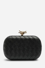 Helixa Leather Woven Hard Shell Clutch Bag with Knot Clasp Detail