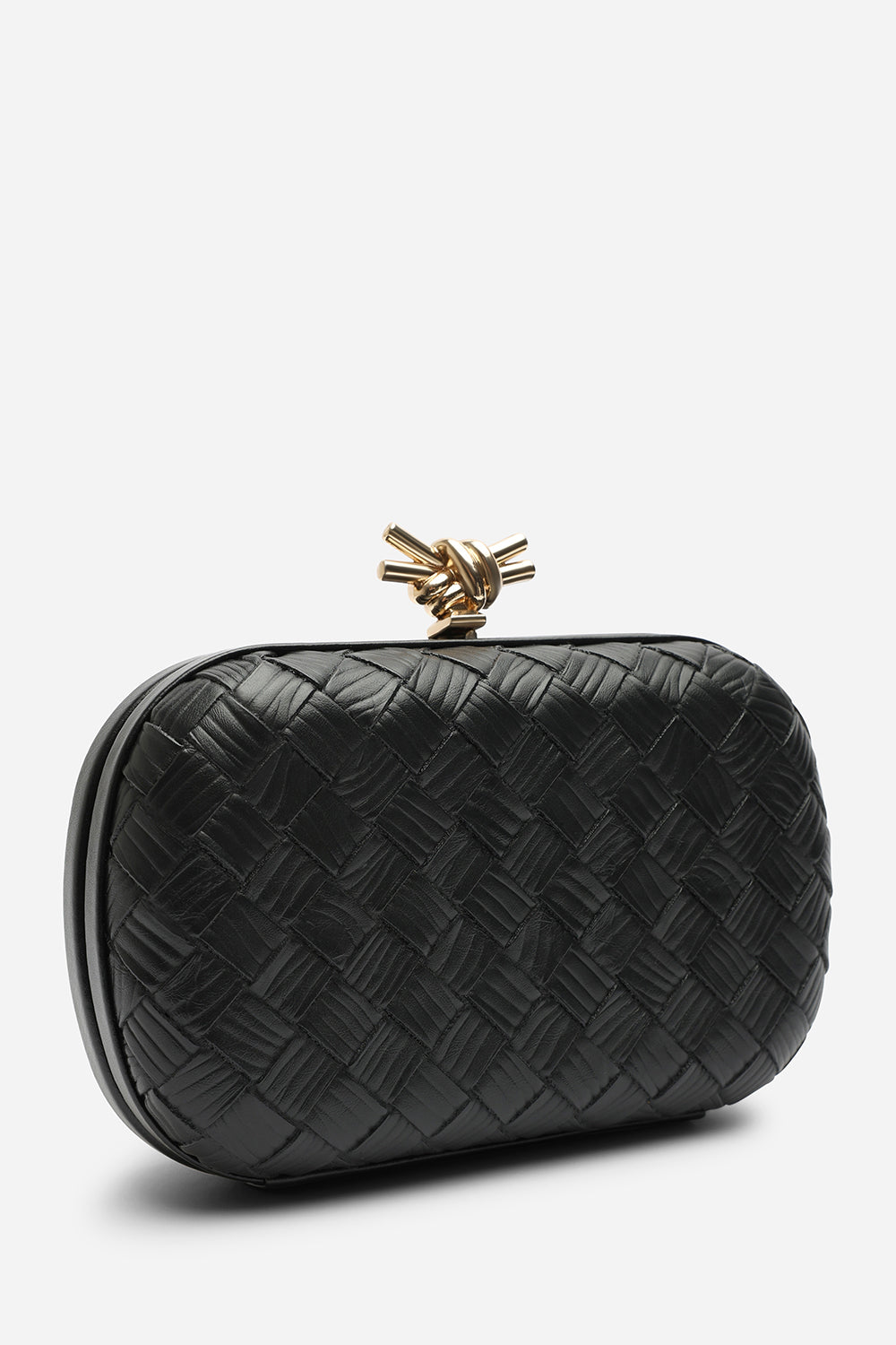 Helixa Leather Woven Hard Shell Clutch Bag with Knot Clasp Detail