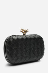 Helixa Leather Woven Hard Shell Clutch Bag with Knot Clasp Detail