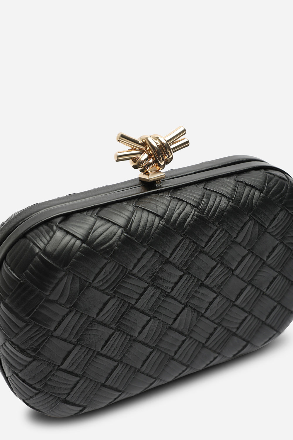 Helixa Leather Woven Hard Shell Clutch Bag with Knot Clasp Detail