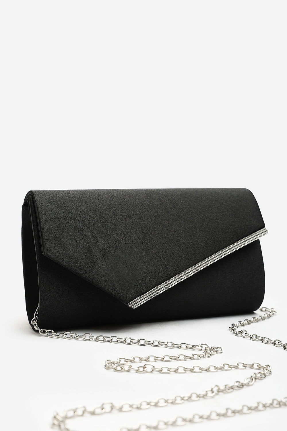 Hivelle Black Satin Envelope Clutch Bag With Silver Diamante Detail