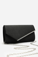 Hivelle Black Satin Envelope Clutch Bag With Silver Diamante Detail