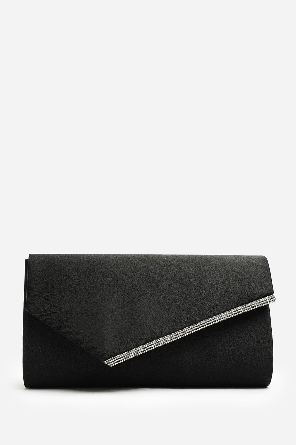 Hivelle Black Satin Envelope Clutch Bag With Silver Diamante Detail