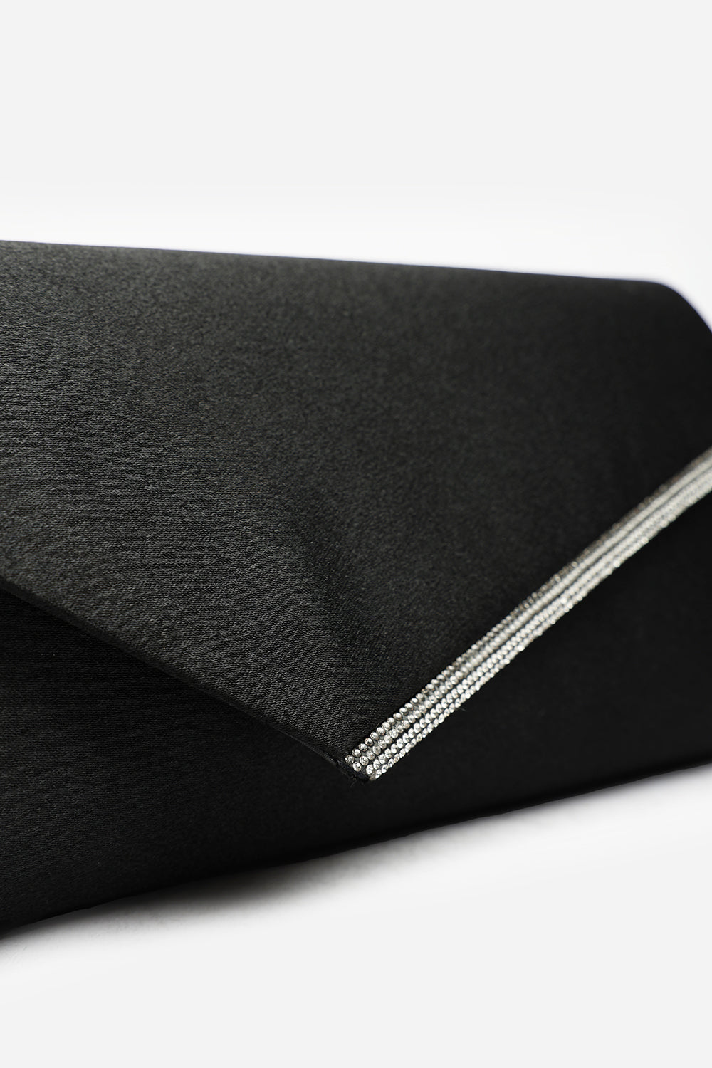 Hivelle Black Satin Envelope Clutch Bag With Silver Diamante Detail