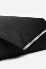 Hivelle Black Satin Envelope Clutch Bag With Silver Diamante Detail