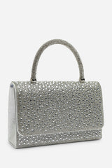 Harixa Silver Diamante Studded Metallic Top Handle Grab Bag