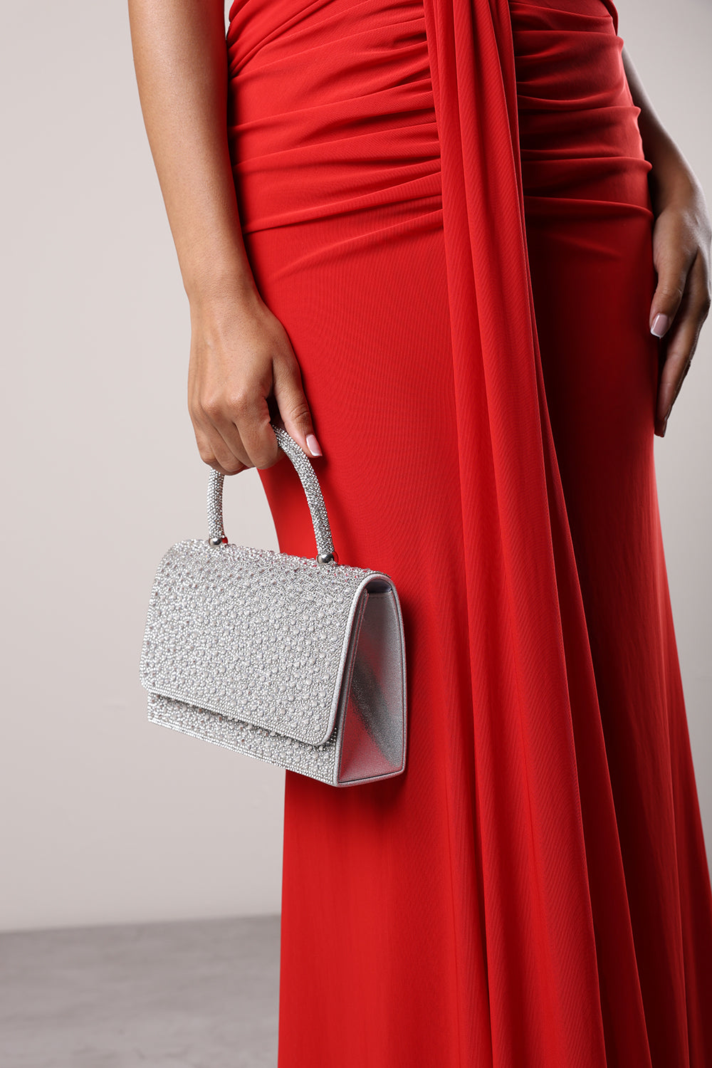 Harixa Silver Diamante Studded Metallic Top Handle Grab Bag