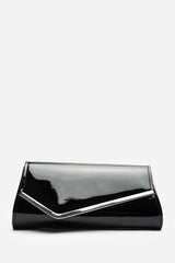 Hovena Black Patent Asymmetric Envelope Clutch With Silver Trim