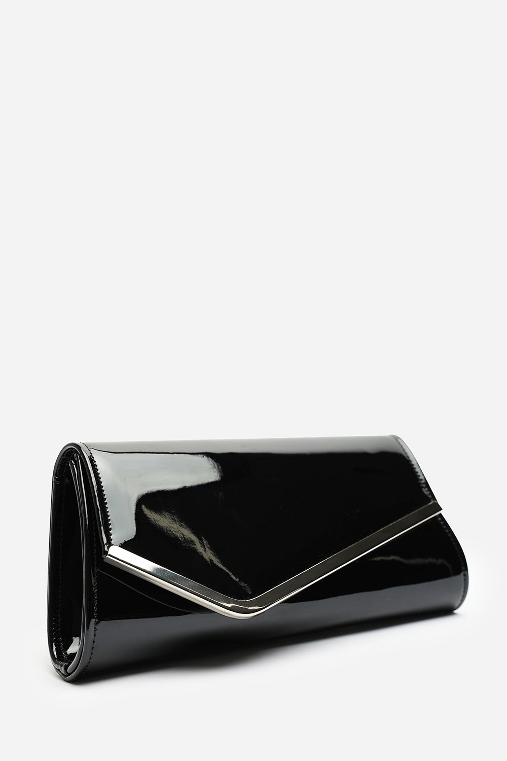 Hovena Black Patent Asymmetric Envelope Clutch With Silver Trim
