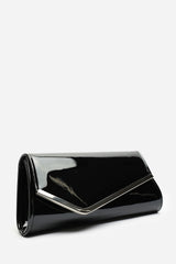 Hovena Black Patent Asymmetric Envelope Clutch With Silver Trim