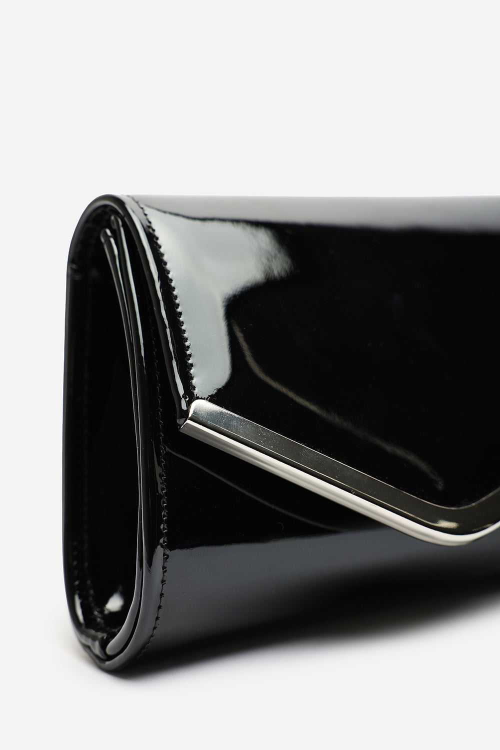 Hovena Black Patent Asymmetric Envelope Clutch With Silver Trim