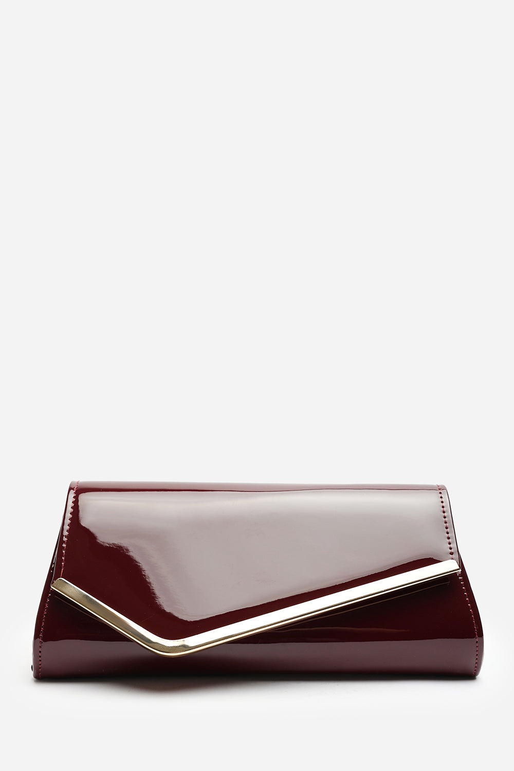 Hovena Burgundy Patent Asymmetric Envelope Clutch With Silver Trim