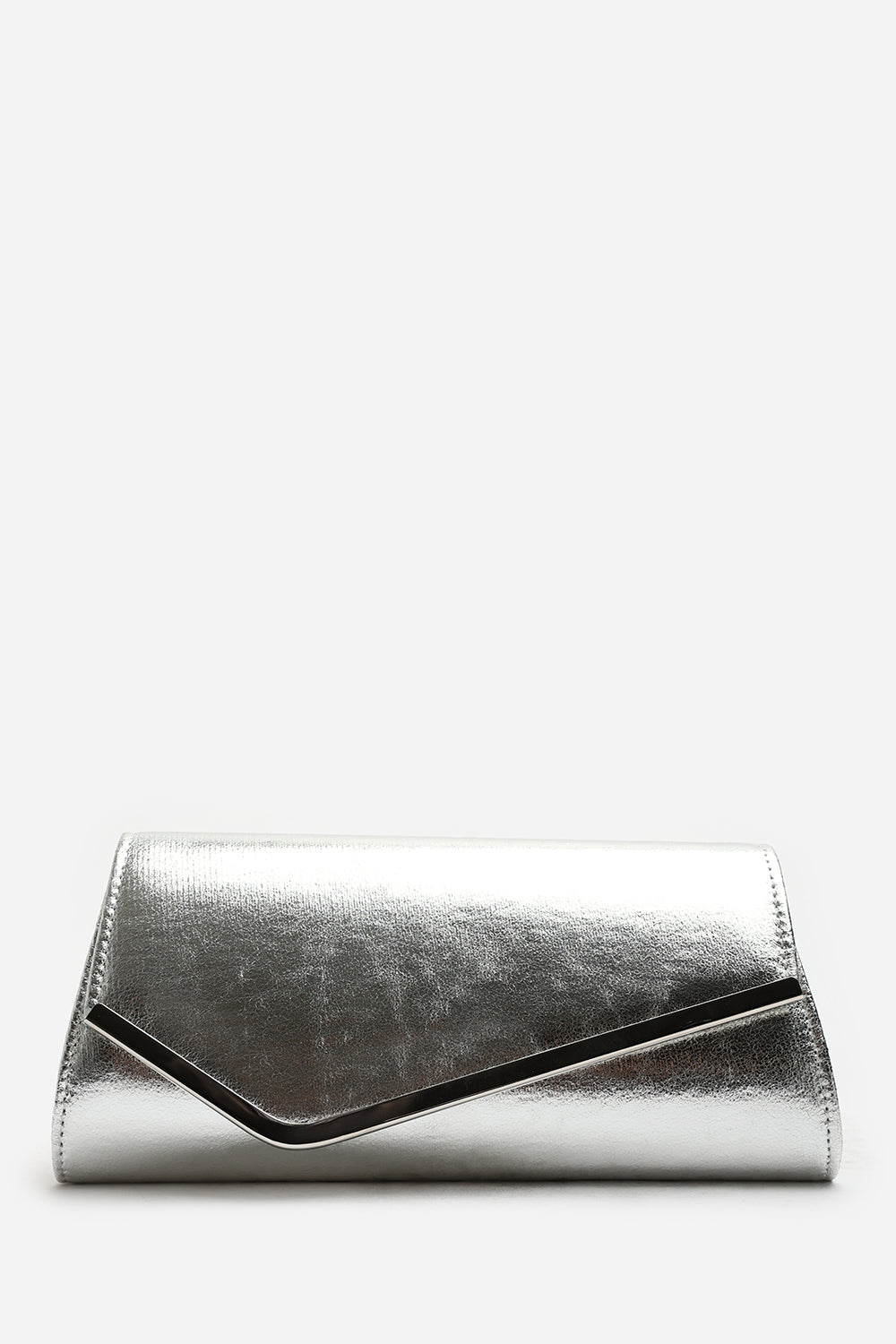 Hovena Silver Crinkle Metallic Asymmetric Envelope Clutch With Silver Trim
