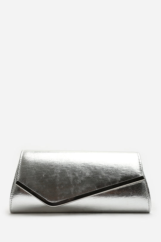 Hovena Silver Crinkle Metallic Asymmetric Envelope Clutch With Silver Trim