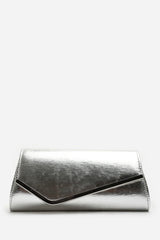 Hovena Silver Crinkle Metallic Asymmetric Envelope Clutch With Silver Trim