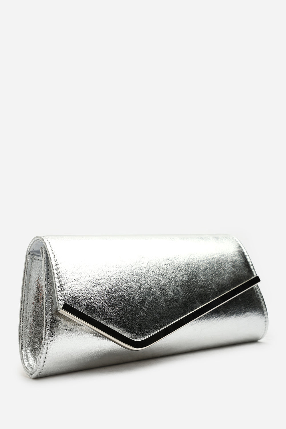 Hovena Silver Crinkle Metallic Asymmetric Envelope Clutch With Silver Trim
