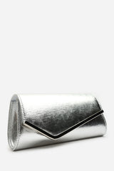 Hovena Silver Crinkle Metallic Asymmetric Envelope Clutch With Silver Trim
