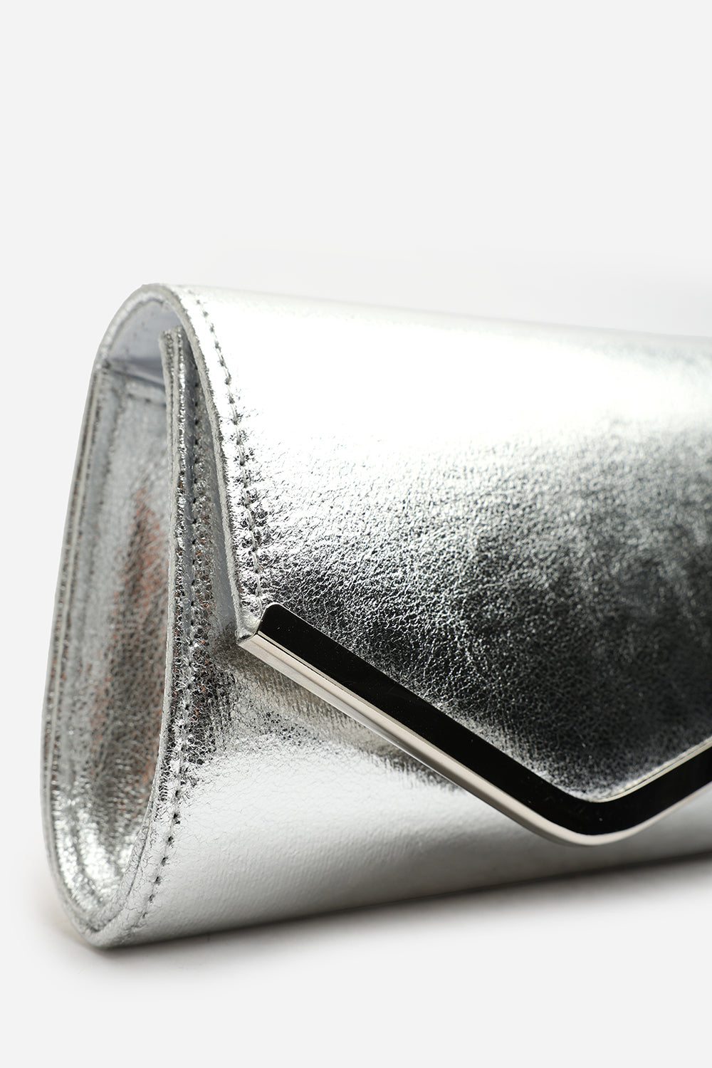 Hovena Silver Crinkle Metallic Asymmetric Envelope Clutch With Silver Trim