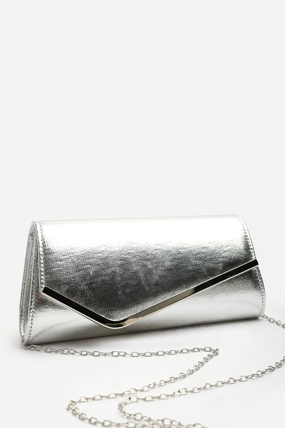 Hovena Silver Crinkle Metallic Asymmetric Envelope Clutch With Silver Trim