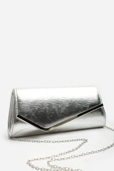 Hovena Silver Crinkle Metallic Asymmetric Envelope Clutch With Silver Trim