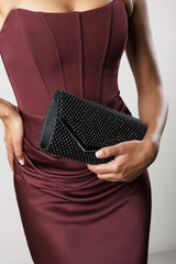 Kexina Black Satin Hot Fix Mesh Asymmetric Envelope Clutch With Gunmetal Trim