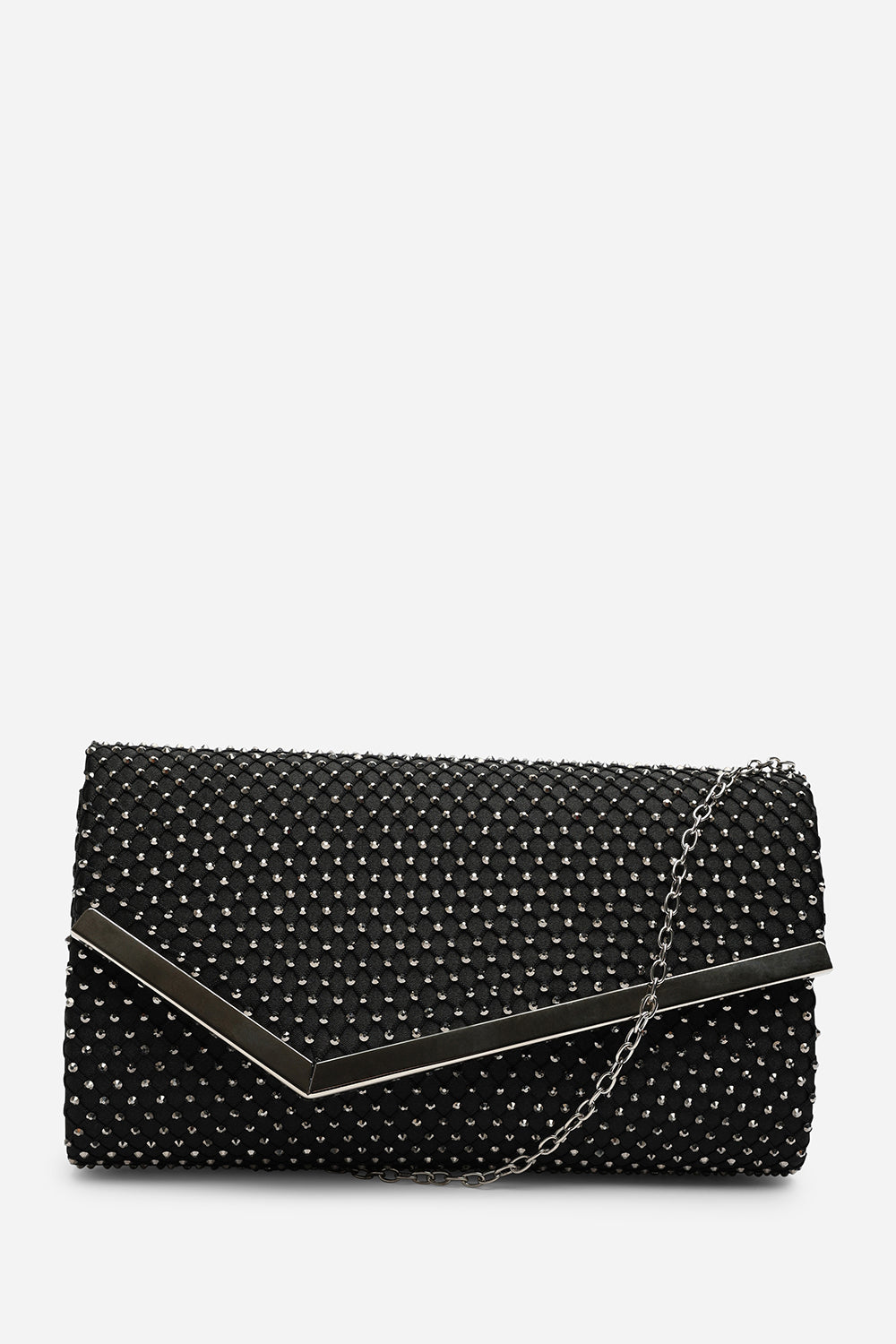 Kexina Black Satin Hot Fix Mesh Asymmetric Envelope Clutch With Gunmetal Trim