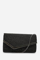 Kexina Black Satin Hot Fix Mesh Asymmetric Envelope Clutch With Gunmetal Trim
