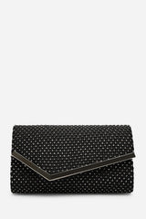 Kexina Black Satin Hot Fix Mesh Asymmetric Envelope Clutch With Gunmetal Trim