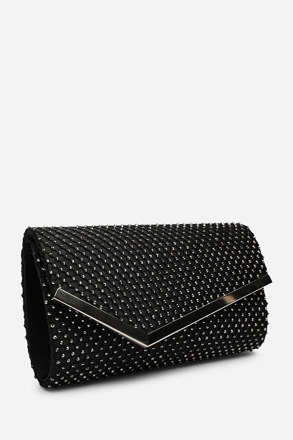 Kexina Black Satin Hot Fix Mesh Asymmetric Envelope Clutch With Gunmetal Trim